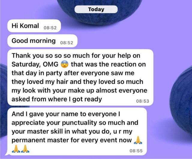 💫✨ Client Love That Means Everything! ✨💫

Still smiling after receiving this beautiful message from a lovely client we recently got ready for her 50th Birthday celebration 💄💇‍♀️🎉

Hearing that she felt confident, got so many compliments, and even shared our name with everyone at the party… truly means the world 💖
This is exactly why we love what we do – creating looks that make you feel special, confident, and unforgettable ✨

Thank you for trusting us and making us part of your big day 💕

#KomalsHairMakeupMehandi
#ClientLove
#BirthdayGlam
#HairAndMakeupArtist
#MakeupArtistInWatford
#MobileBeautician
#IndianWeddingMakeup
#SouthAsianBridal
#BridalHairAndMakeup